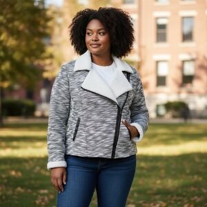 WD NY Moto Jacket Womens Size 1X Black White Textured Knit Sherpa Lined Full Zip